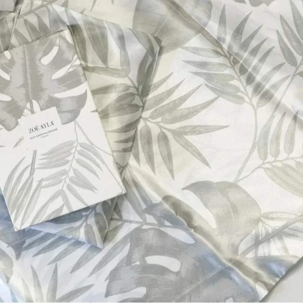 ZOE AYLA Silky Satin Pillowcase 2 Piece Set Tropical Leaf Print‎ Gray White
